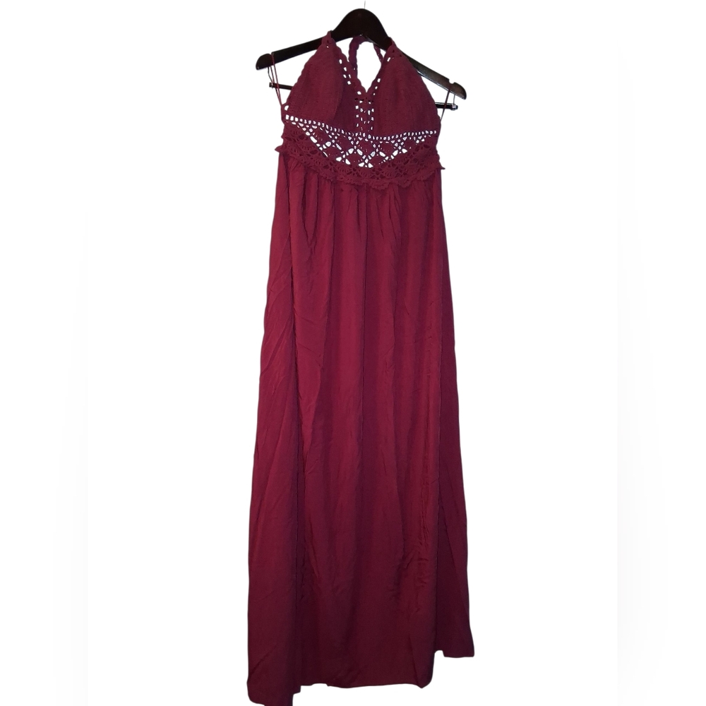 POPYOUNG Elegant Burgundy Halter Maxi Dress